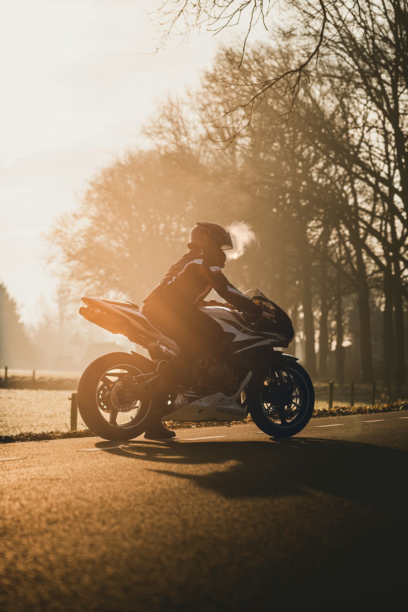 Motorcyclist on the road at sunset